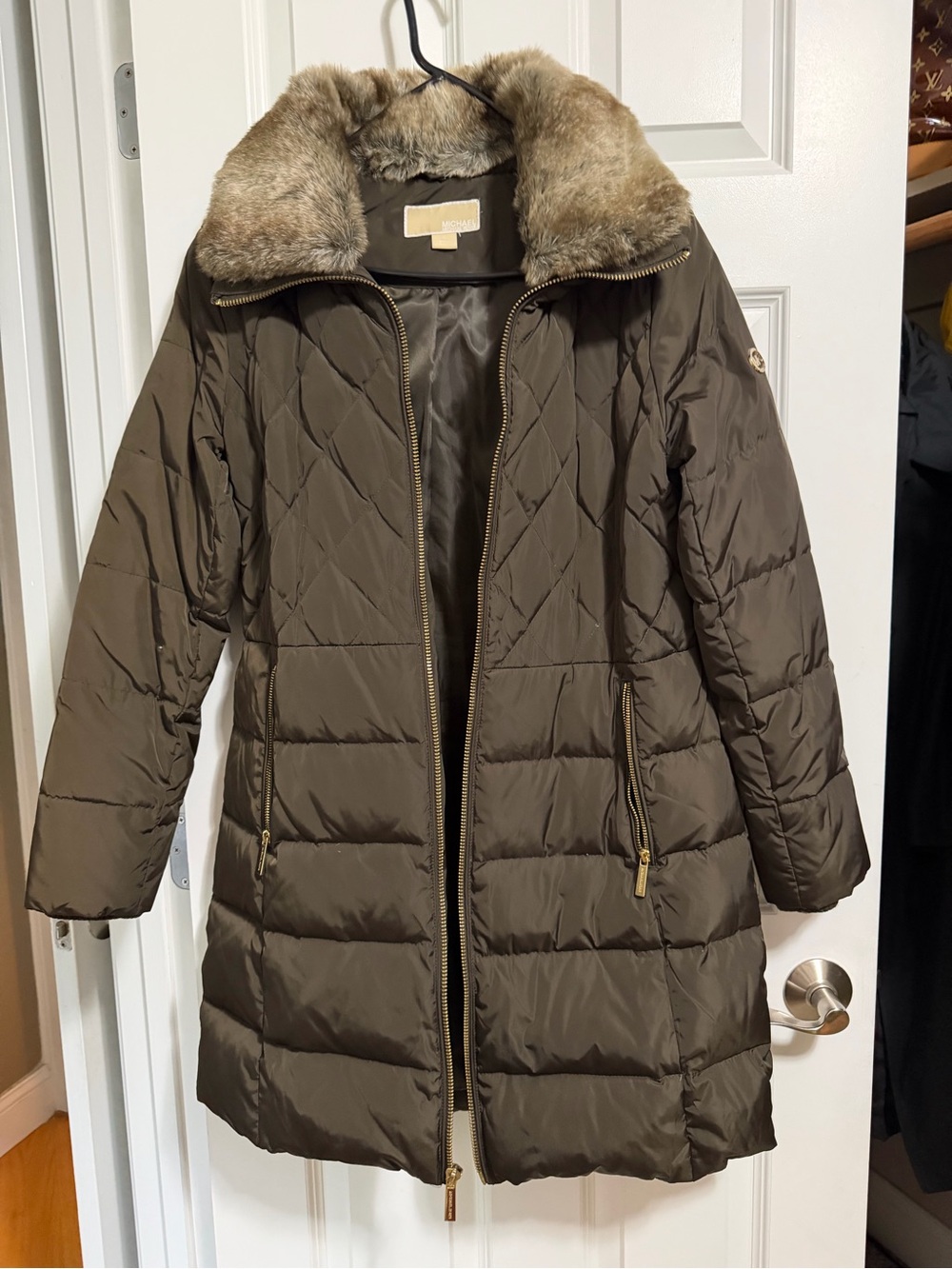 MICHAEL Michael Kors Brown Quilted Puffer Coat with Faux-Fur Collar